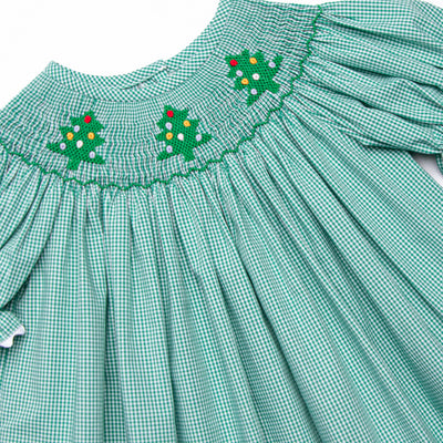 Christmas Tree Trio Smocked Dress, Green Gingham