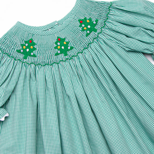 Christmas Tree Trio Smocked Dress, Green Gingham