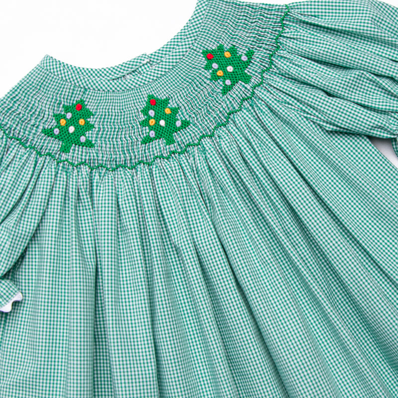 Christmas Tree Trio Smocked Dress, Green Gingham Stitchy Fish Christmas Tree Trio Smocked Dress, Green Gingham Stitchy Fish