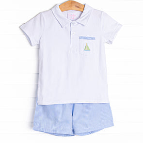 Sail Along Embroidered Short Set, Blue