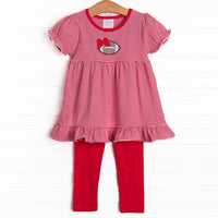 This set features a puff sleeve top in a red striped print and coordinating red knit leggings to match.