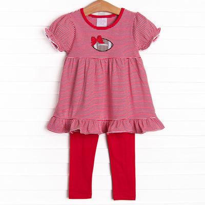 This set features a puff sleeve top in a red striped print and coordinating red knit leggings to match.
