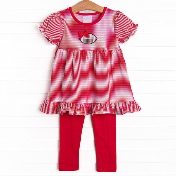 This set features a puff sleeve top in a red striped print and coordinating red knit leggings to match.