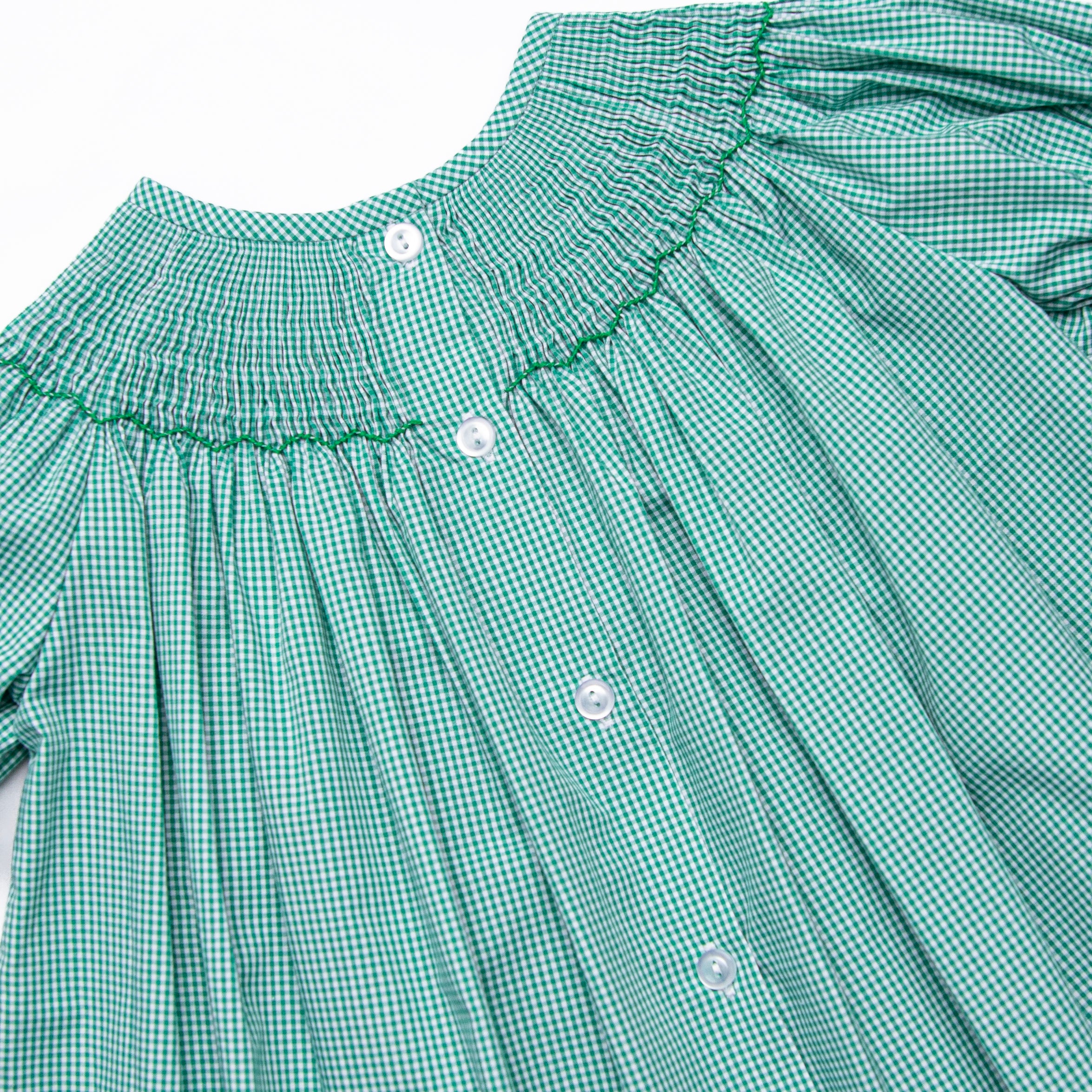 Christmas Tree Trio Smocked Dress, Green Gingham Stitchy Fish Christmas Tree Trio Smocked Dress, Green Gingham Stitchy Fish