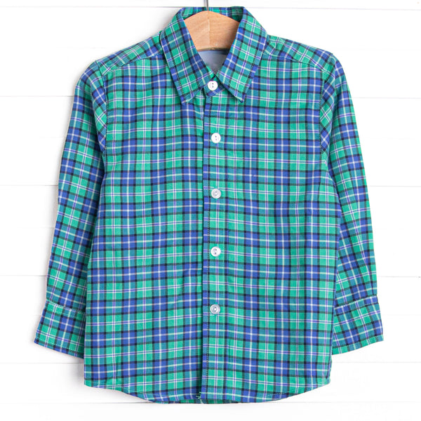 Bleu: Conrad Classic Button-Up Shirt, Blue and Green Plaid