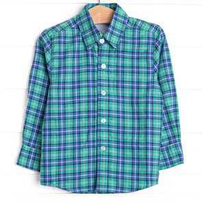 Bleu: Conrad Classic Button-Up Shirt, Blue and Green Plaid