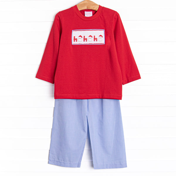 Santa's Coming Smocked Pant Set, Blue Gingham