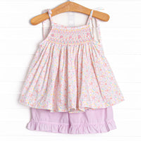 Watercolor Wallflowers Smocked Short Set, Pink