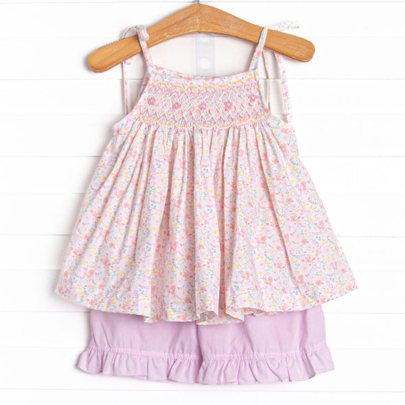 Watercolor Wallflowers Smocked Short Set, Pink