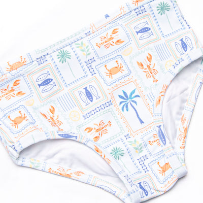 Santorini Stamps Long Sleeve Rash Guard Bikini, Blue