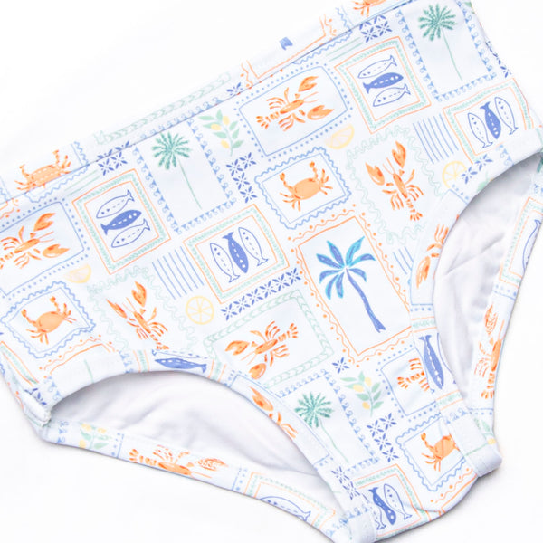 Santorini Stamps Long Sleeve Rash Guard Bikini, Blue