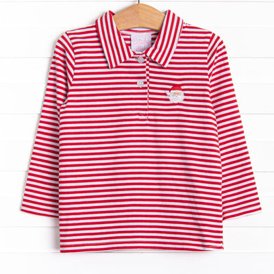  This top features a red striped print, a polo collar, and a Santa Claus applique. 