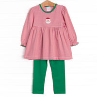  This set features red knit striped print top with green trim and a Santa applique. Coordinating green knit leggings to match. 