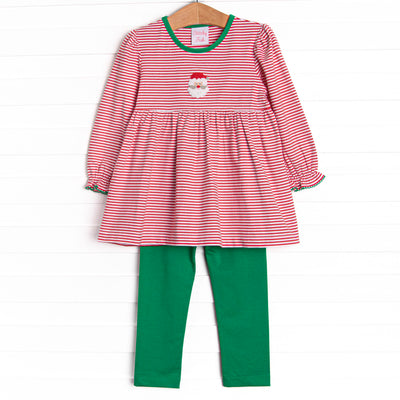  This set features red knit striped print top with green trim and a Santa applique. Coordinating green knit leggings to match. 