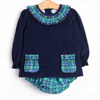 Bleu: Harper Holly Smocked Long Sleeve Diaper Set, Blue and Green Plaid