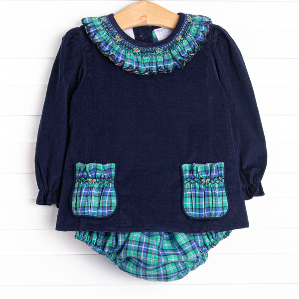 Bleu: Harper Holly Smocked Long Sleeve Diaper Set, Blue and Green Plaid