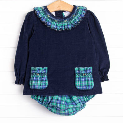 Bleu: Harper Holly Smocked Long Sleeve Diaper Set, Blue and Green Plaid
