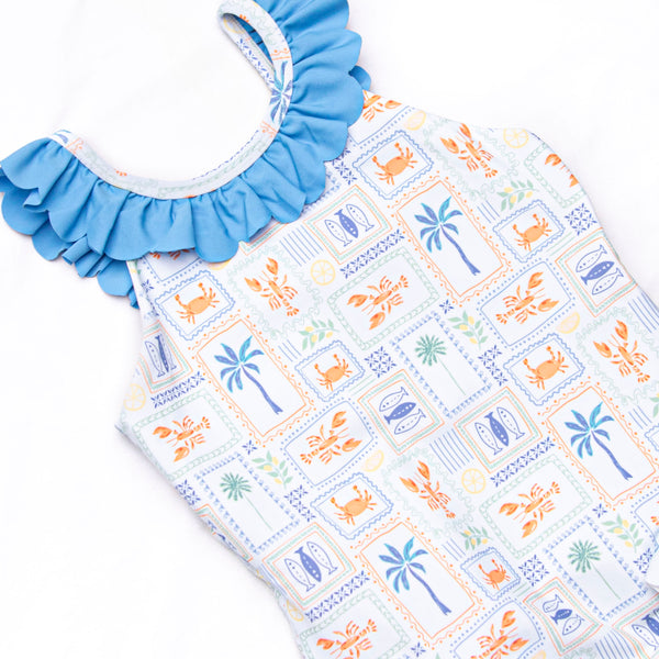 Santorini Stamps One Piece, Blue