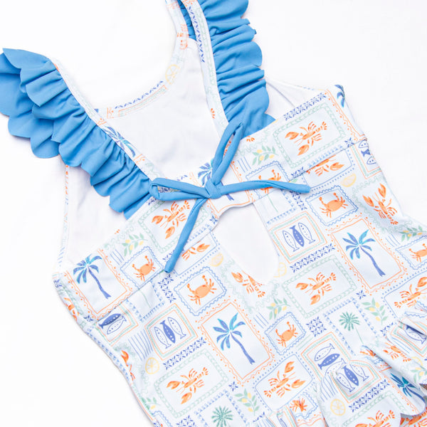 Santorini Stamps One Piece, Blue