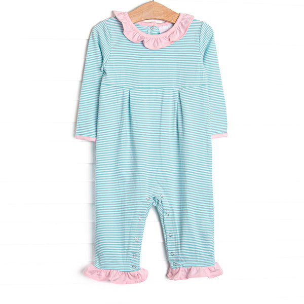 This romper features soft knit material, sweet mint green stripes, and snaps in the stride to make changing a breeze.