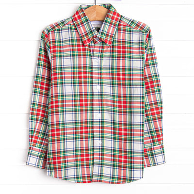 Bleu features a beautiful combination of timeless elegance and charm, curated with intricate details and crafted from premium fabrics! This top features the red and green plaid print, a polo collar, and buttons.
