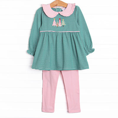 This set features a green striped print, a pink ruffle peter pan collar, and a trio of Christmas Tree appliques.