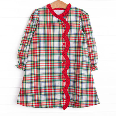  Bleu features a beautiful combination of timeless elegance and charm, curated with intricate details and crafted from premium fabrics! This dress features a red plaid print, a red ruffle scalloped trim, and red covered buttons. 