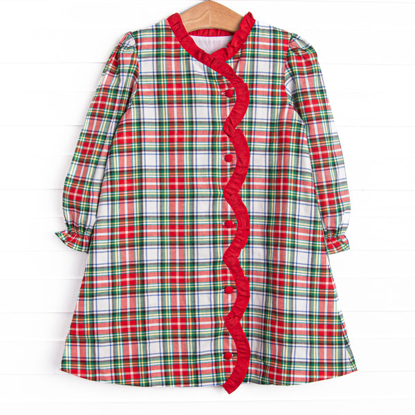  Bleu features a beautiful combination of timeless elegance and charm, curated with intricate details and crafted from premium fabrics! This dress features a red plaid print, a red ruffle scalloped trim, and red covered buttons. 