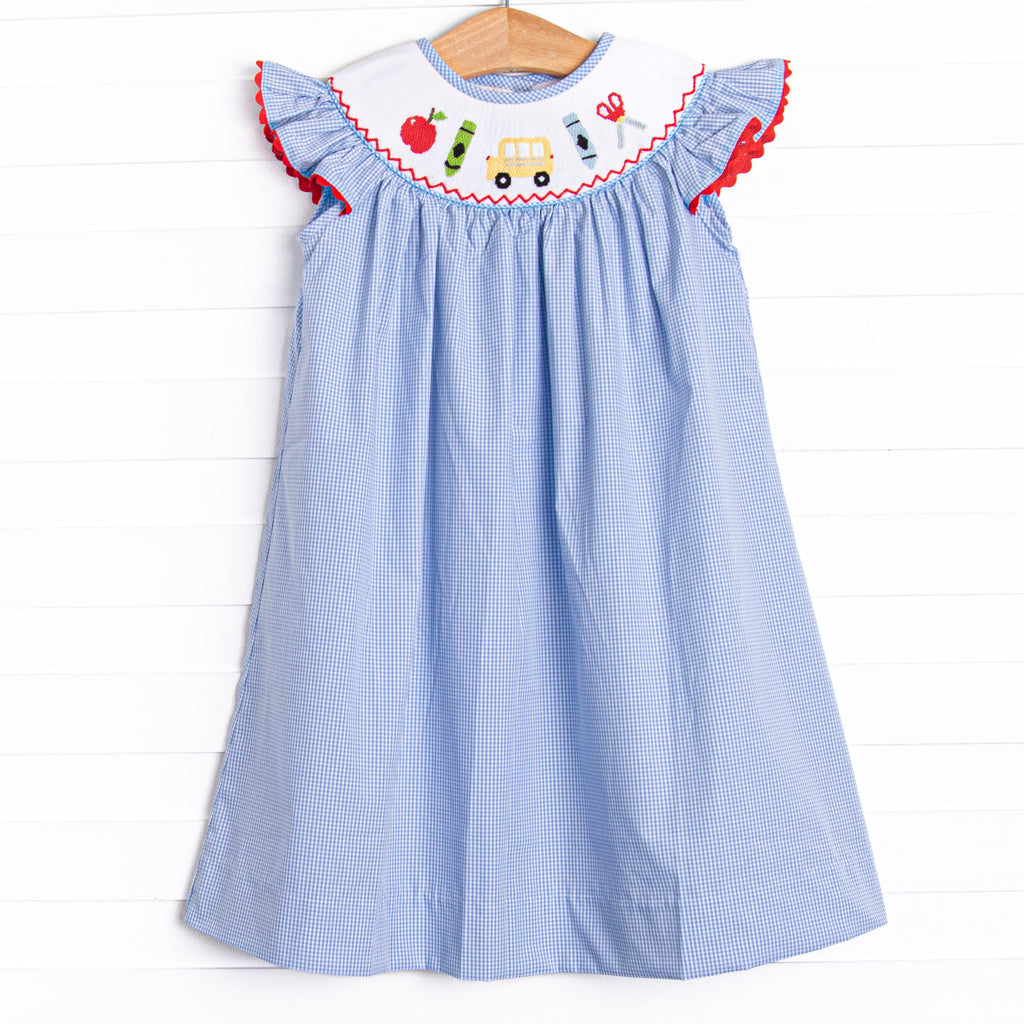 My First Day Smocked Bishop Dress, Blue – Stitchy Fish