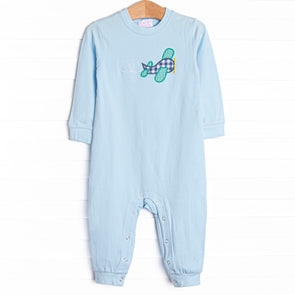 Take Off Time Applique Romper, Blue