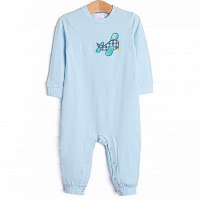 Take Off Time Applique Romper, Blue