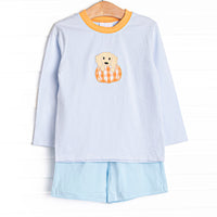 Pup In The Patch Applique Long Sleeve Short Set, Blue