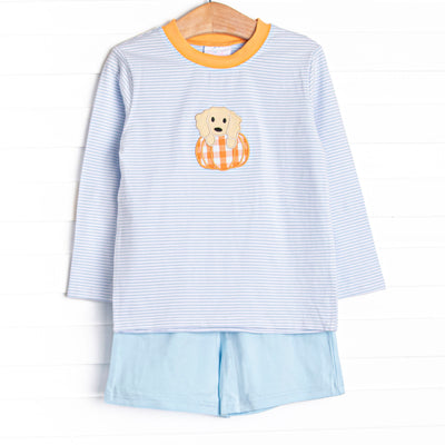 Pup In The Patch Applique Long Sleeve Short Set, Blue