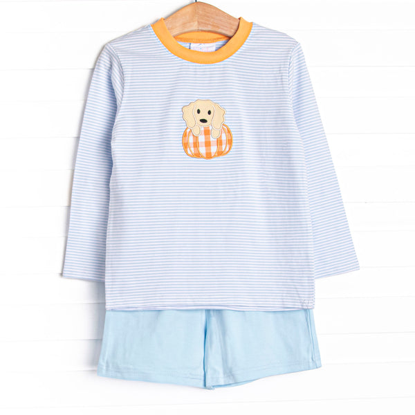 Pup In The Patch Applique Long Sleeve Short Set, Blue