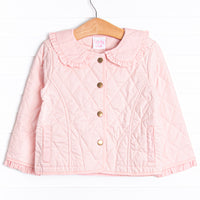 &nbsp;Quilted details,&nbsp;darling gold buttons down the font&nbsp;and a ruffle peter pan collar. 