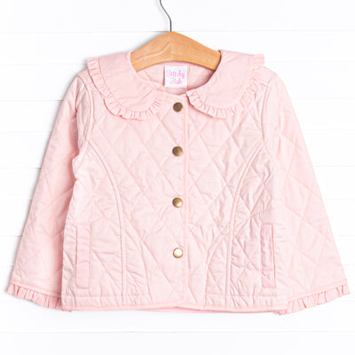 &nbsp;Quilted details,&nbsp;darling gold buttons down the font&nbsp;and a ruffle peter pan collar. 