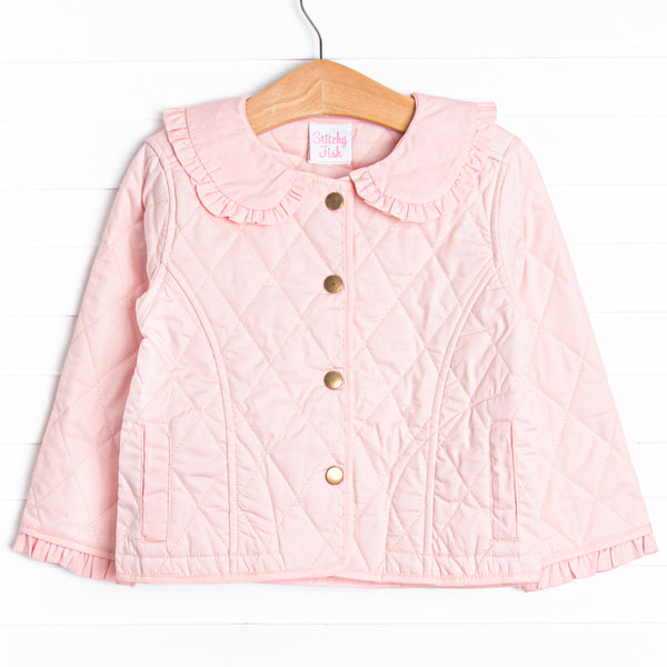 &nbsp;Quilted details,&nbsp;darling gold buttons down the font&nbsp;and a ruffle peter pan collar. 