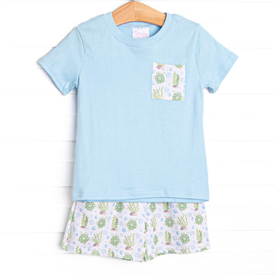 Sandy Sea Turtle Short Set, Blue