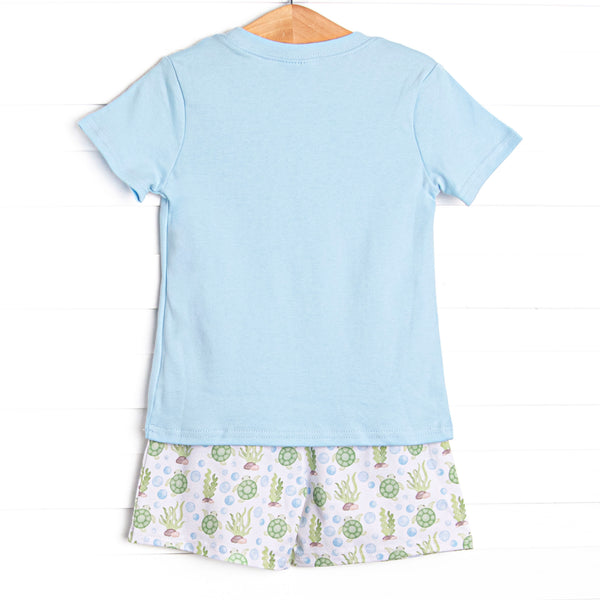 Sandy Sea Turtle Short Set, Blue