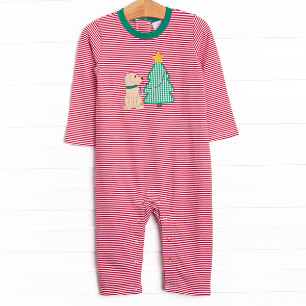 This romper features a red striped print, green trim, and a puppy and Christmas Tree appliques.&nbsp;