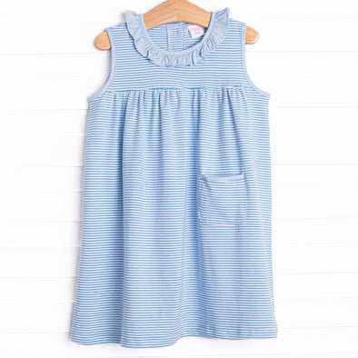 Jane Ruffle Dress, Medium Blue Stripe