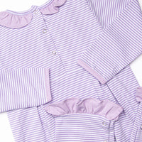 Lexie Ruffle Romper, Purple Stripe
