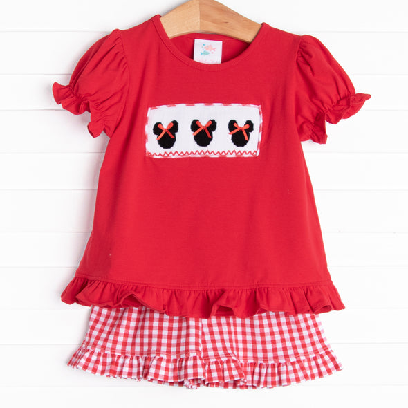 Mousin' Around Knit Smocked Ruffle Short Set, Red Knit