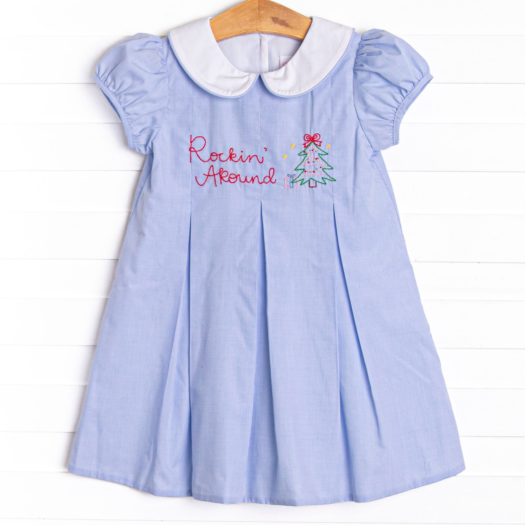 Rockin' Around Embroidered Dress, Blue Gingham Stitchy Fish Rockin' Around Embroidered Dress, Blue Gingham Stitchy Fish