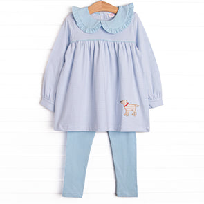 One Lucky Pup Applique Legging Set, Light Blue Stripe