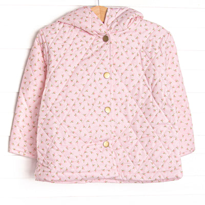  Quilted details, buttons down the front&nbsp;and a cozy hood. 