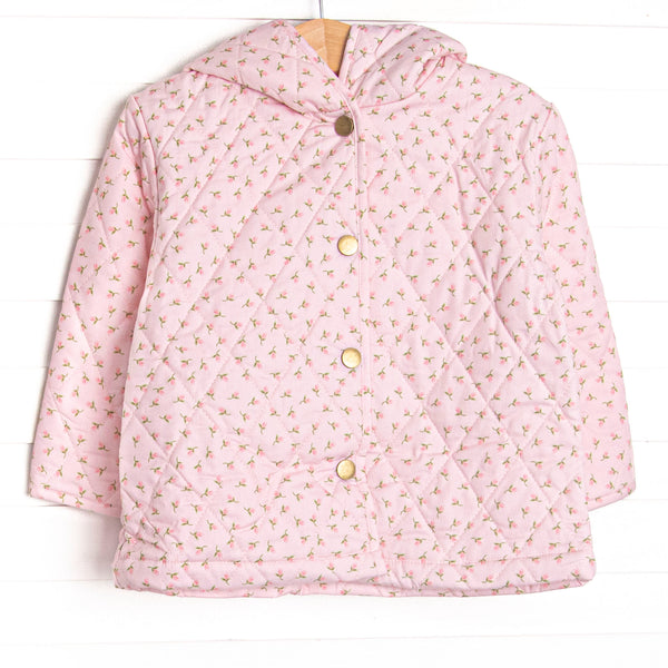  Quilted details, buttons down the front&nbsp;and a cozy hood. 