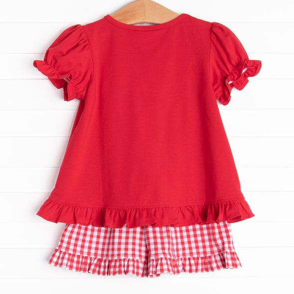 Mousin' Around Knit Smocked Ruffle Short Set, Red Knit