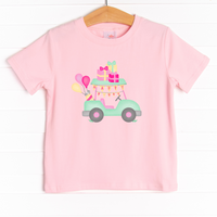he shirt is featured in four colors; White, Heather Gray, Ballerina Pink, and Soft Blue with a festive graphic. 