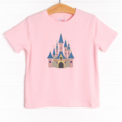 The tee is featured in four colors: White, Ballerina Pink, Heather Gray, and Soft Blue with a castle graphic.